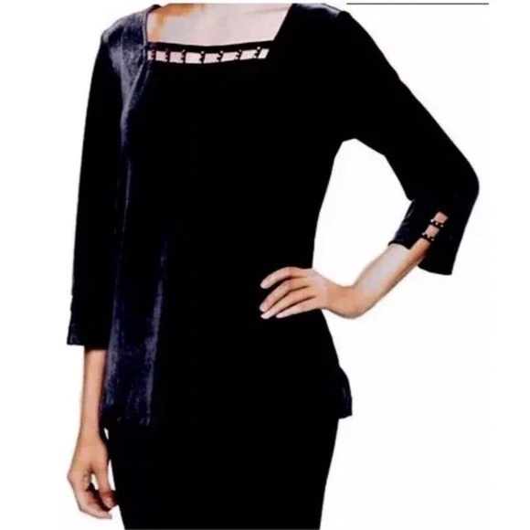 Quacker Factory Deep Red Velour Beaded Ladder Trim Blouse Rhinestone Holiday M - Picture 11 of 13